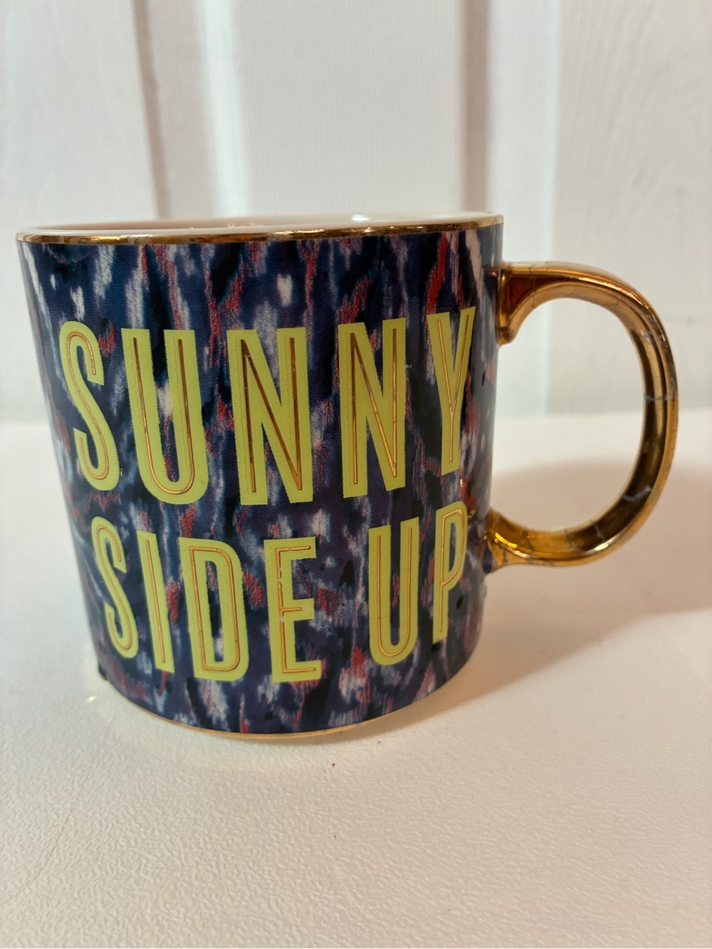 Anthropologie Gisele "Sunny Side Up" Coffee Mug Blue Gold Handle 16oz